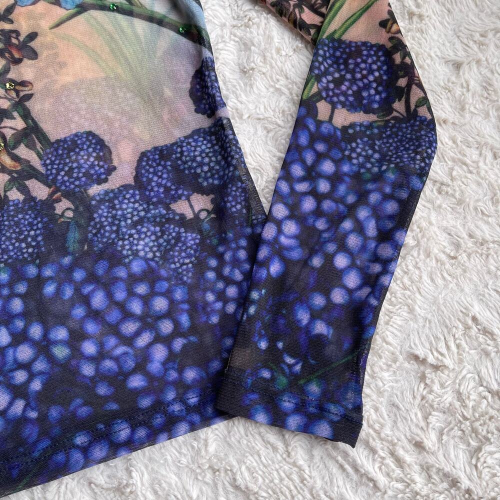 SOLD Just In Time USA floral butterfly mesh top vintage Y2K rhinestone beaded S - Picture 7 of 13